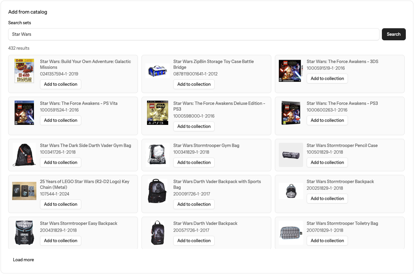 Catalog search for official sets.